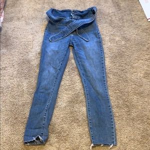 High waist skinny jeans with attached tie belt